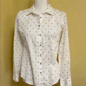 Talbots White Button Down Shirt with Notched Collar pika dot pattern.